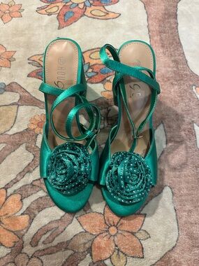 Rouge! Emerald Green Satin Floral Rosette Ankle-Strap Heels